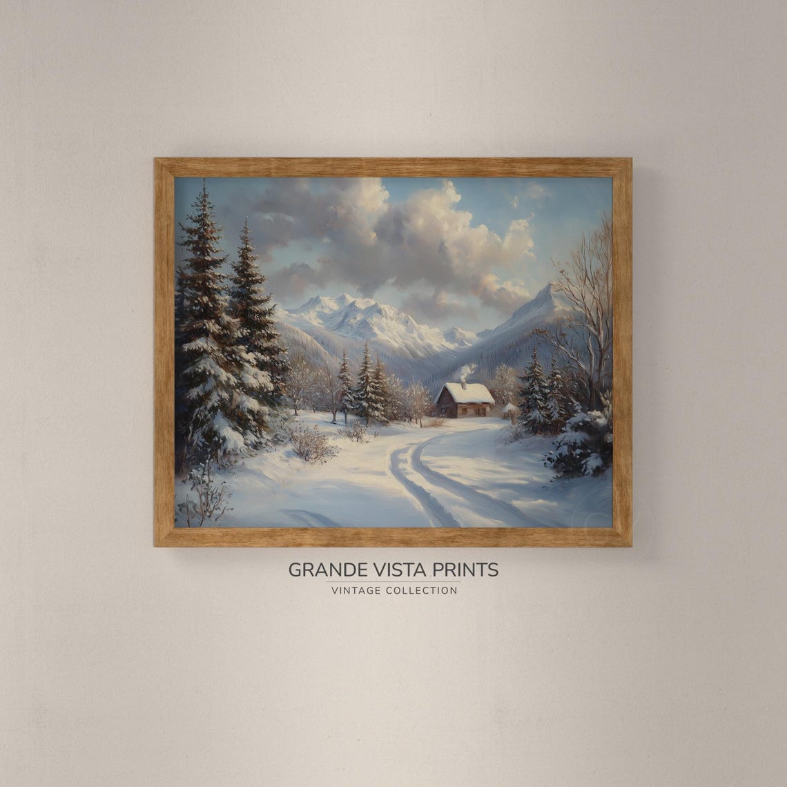 Cozy Winter Cabin Smoky Chimney Snowy Woods Mountain Landscape Poster - Image 4