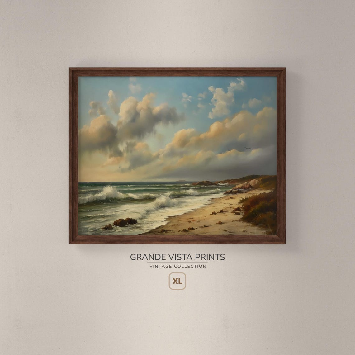 Sandy Beach Sunrise Rolling Waves Golden Clouds Vintage Coastal Poster - Image 4