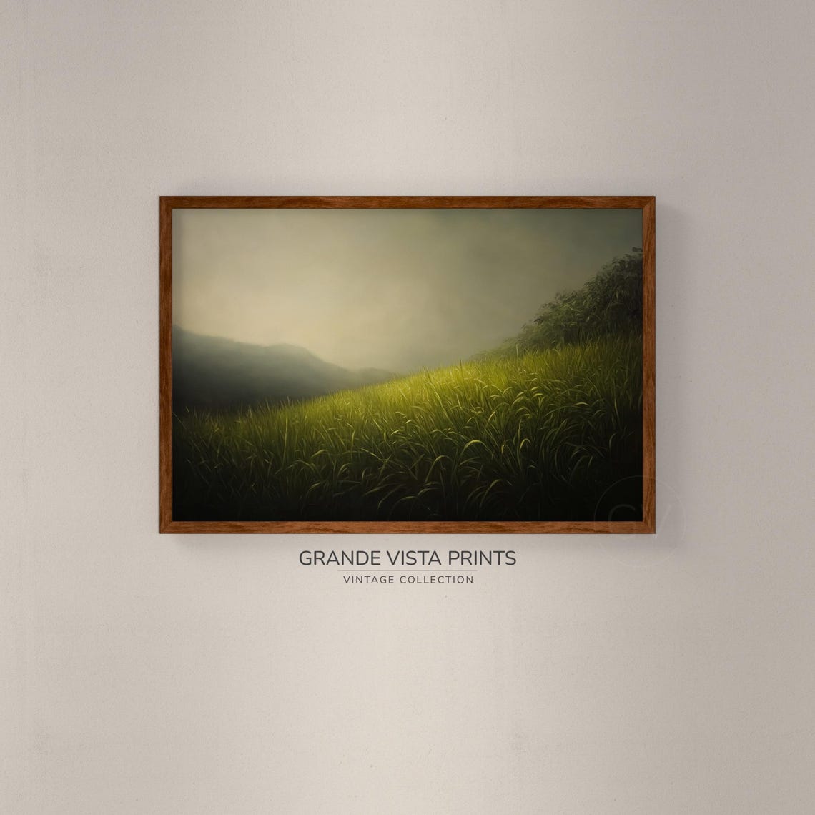 Misty Green Meadow Hillside Soft Fog Minimal Vintage Landscape Poster - Image 2