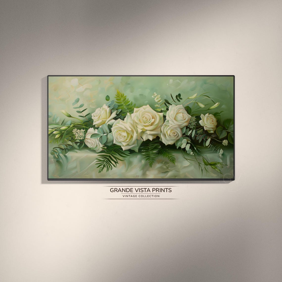 White Roses Eucalyptus Ferns Sage Green Elegant Floral Banner Wall Art