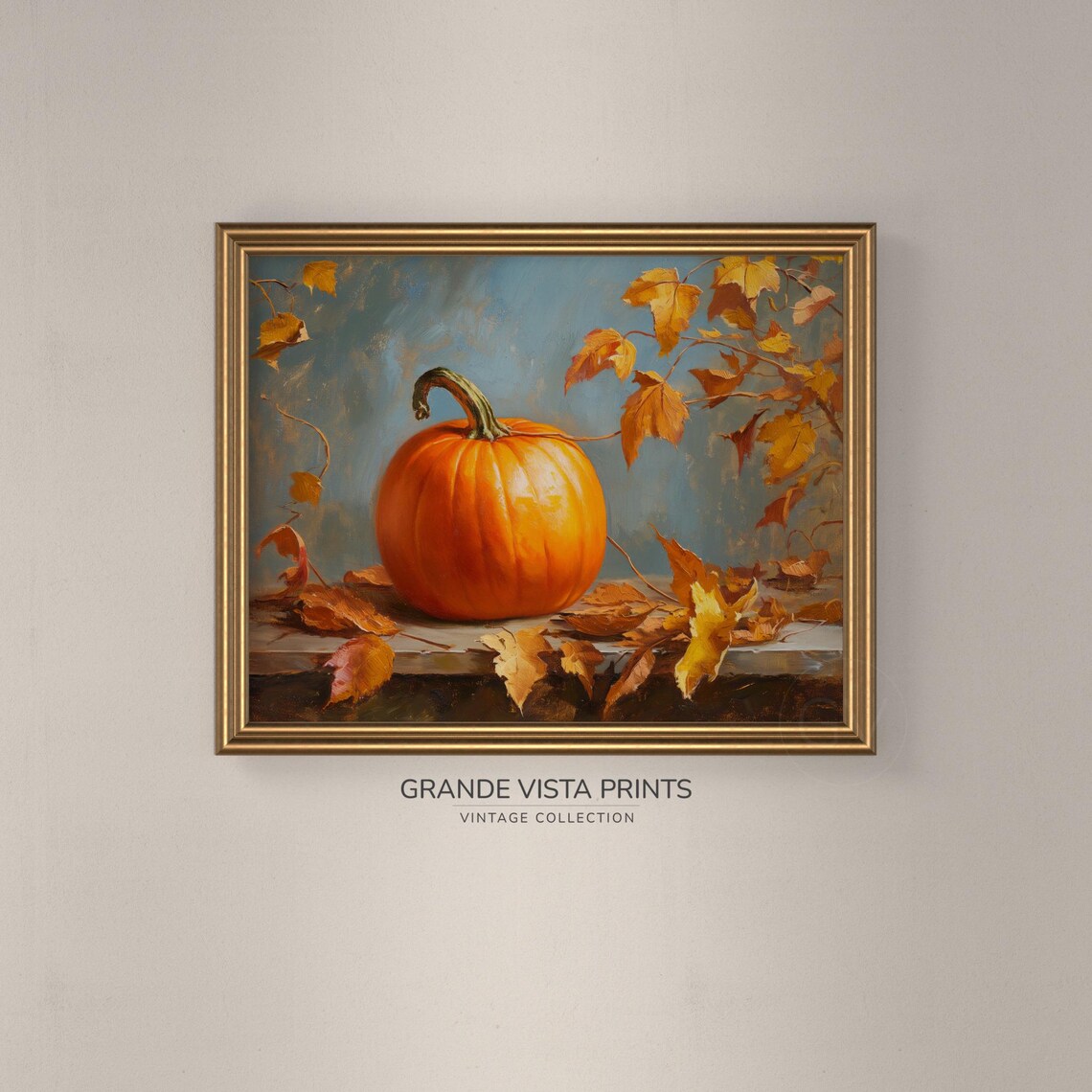 Orange Pumpkin Golden Leaves Rustic Blue Harvest Still Life Painting Poster - Image 3