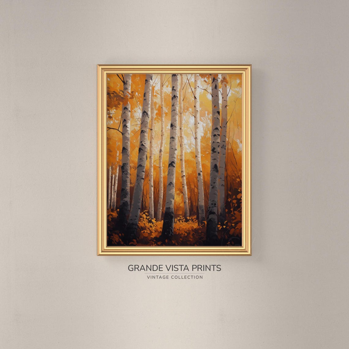 Orange Canopy Birch Trunks Dark Warm Autumn Vintage Poster Art - Image 3