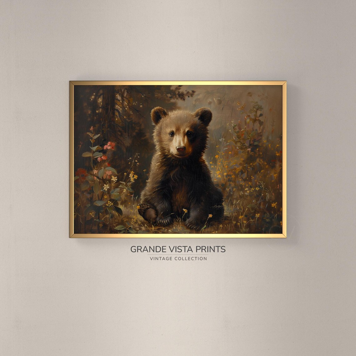 Brown Bear Cub Wildflower Portrait Vintage Wildlife Wall Poster