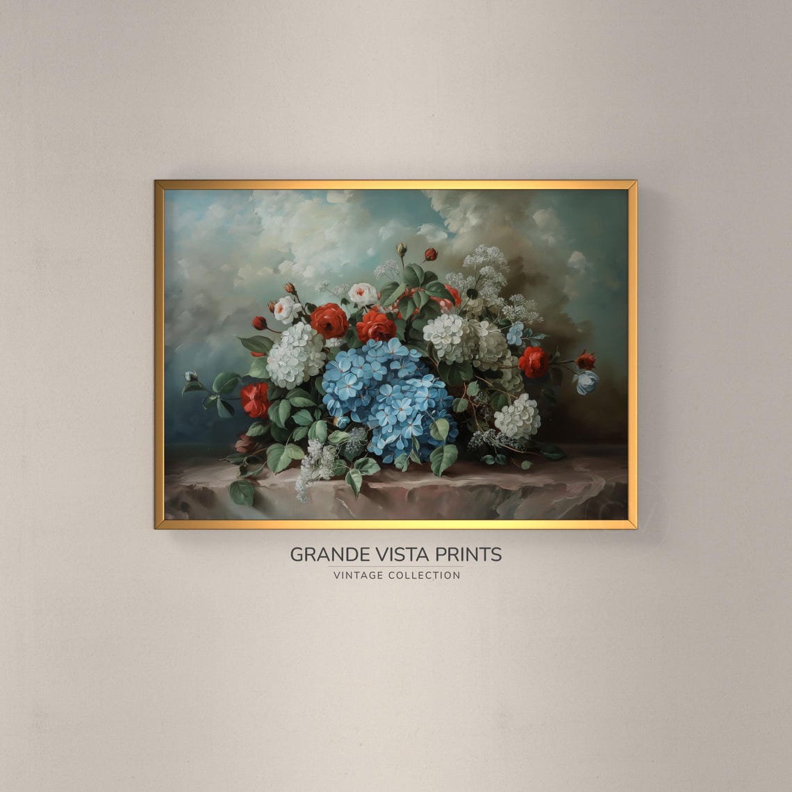 Red Roses Blue White Hydrangeas Stone Ledge Cloudy Sky Floral Poster