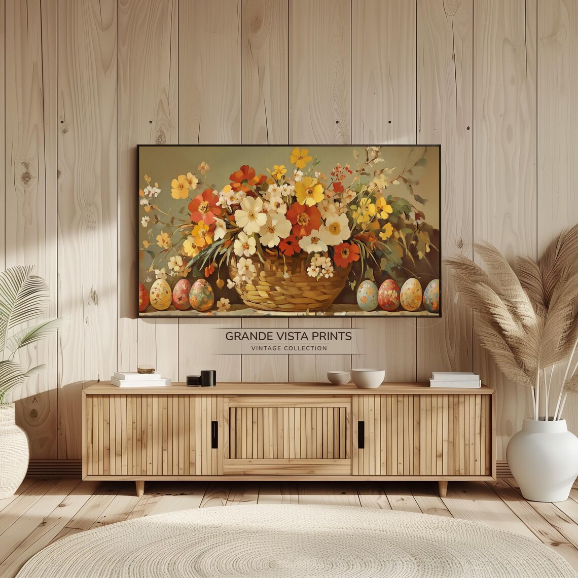 Easter Basket of Spring Flowers Painted Eggs Vintage Floral Wall Art - Image 2