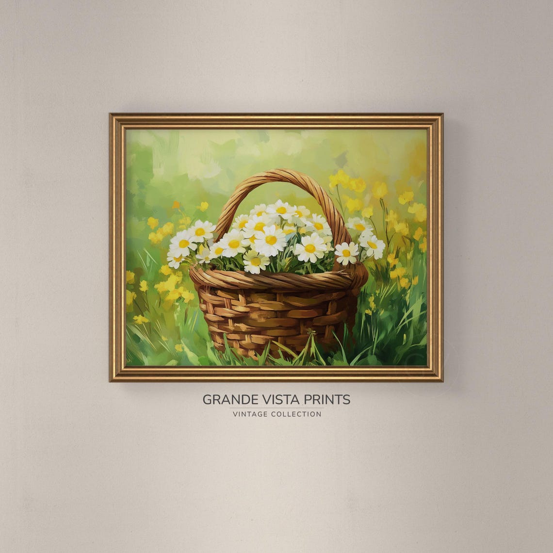 Wicker Basket of Daisies Sunny Meadow Green Yellow Spring Wall Art - Image 3
