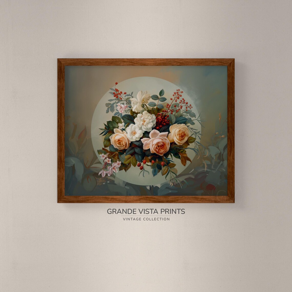 White and Peach Roses Red Berry Bouquet Circle Moody Floral Poster - Image 4