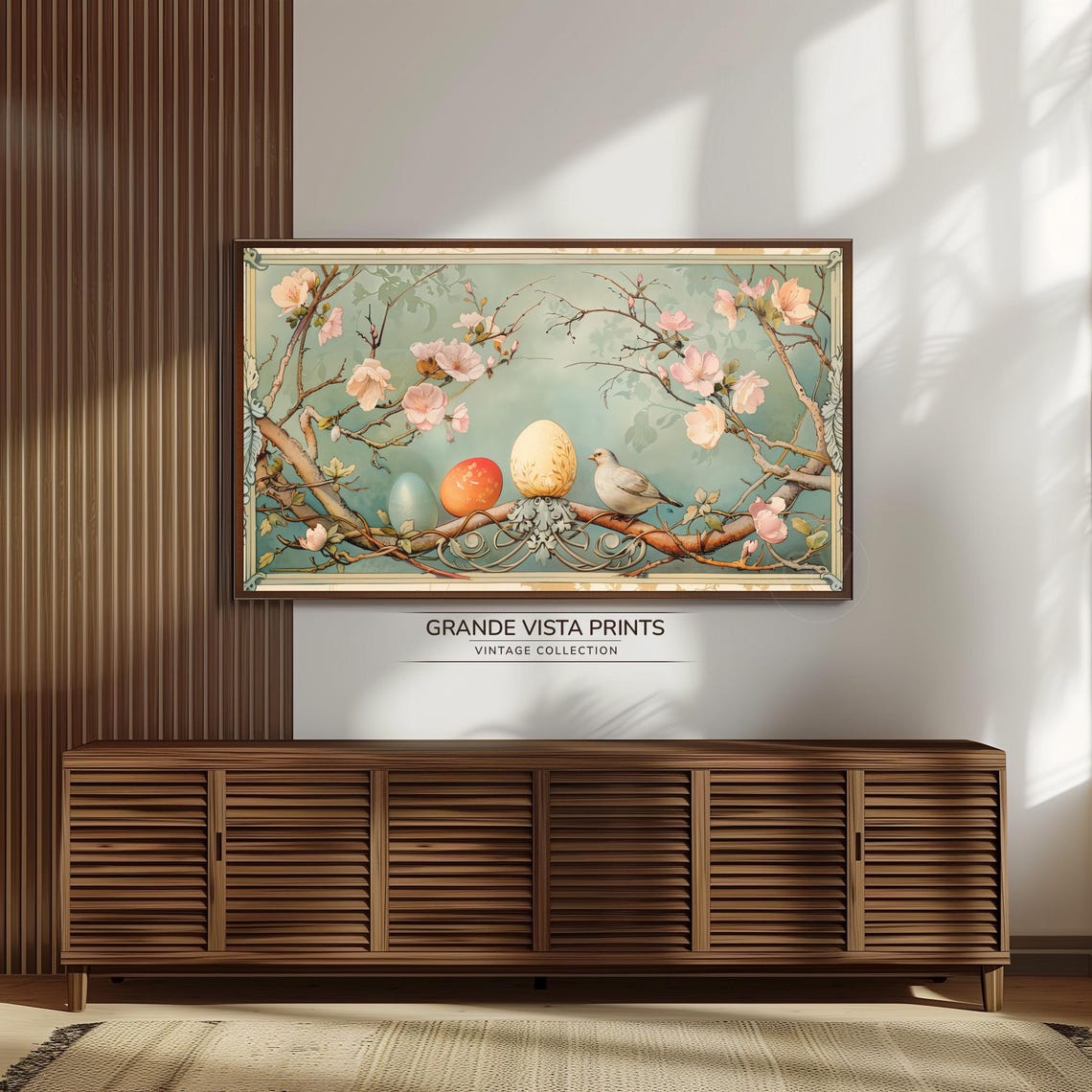 Easter Eggs on Blossom Branch with White Bird Vintage Spring Wall Art - Image 3
