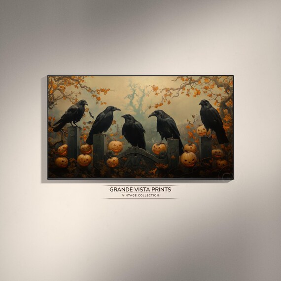 Halloween Crows Five Black Birds Tombstones Pumpkins Spooky Vintage Poster