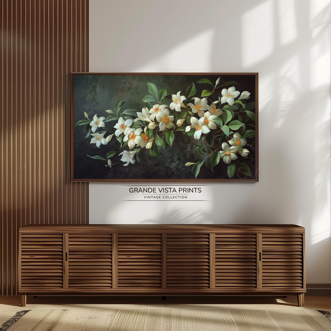 White Jasmine Flowers Dark Moody Vintage Botanical Painting Wall Art - Image 3