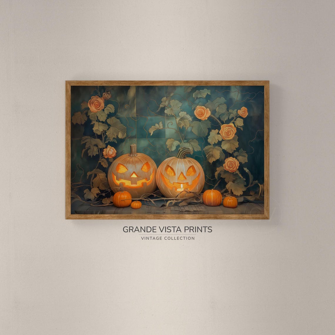 Glowing Jack O Lantern Duo Vintage Teal Floral Halloween Night Poster - Image 2