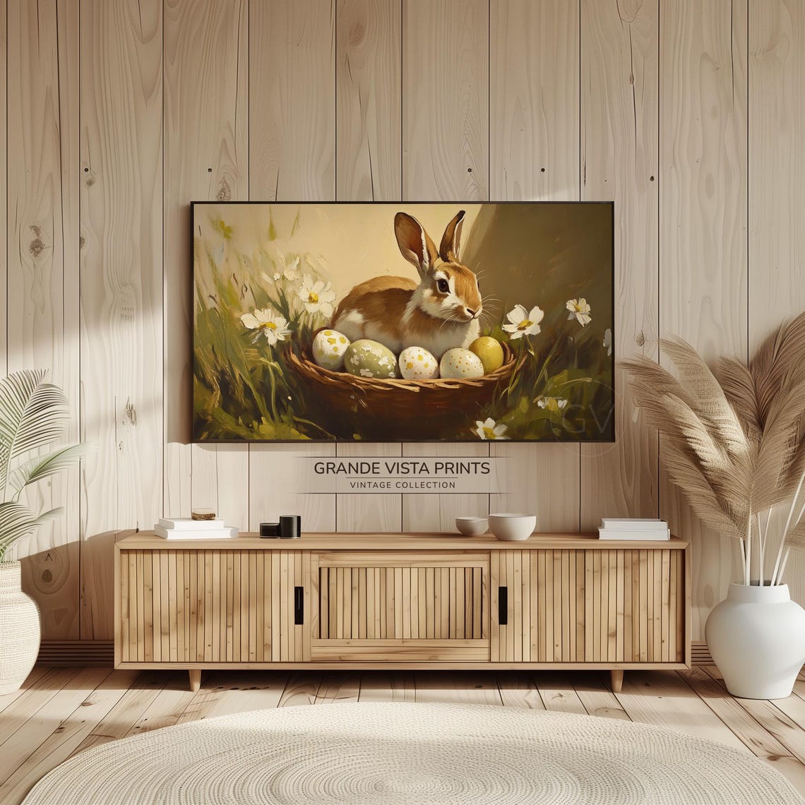 Brown Bunny in Basket with Painted Eggs Daisies Spring Wall Art - Image 2
