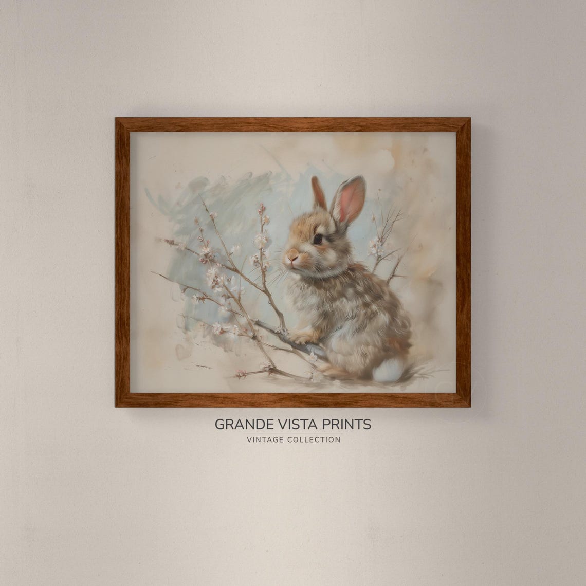 Tiny Brown Bunny with Spring Blossom Twigs Soft Watercolor Easter Art - Image 4