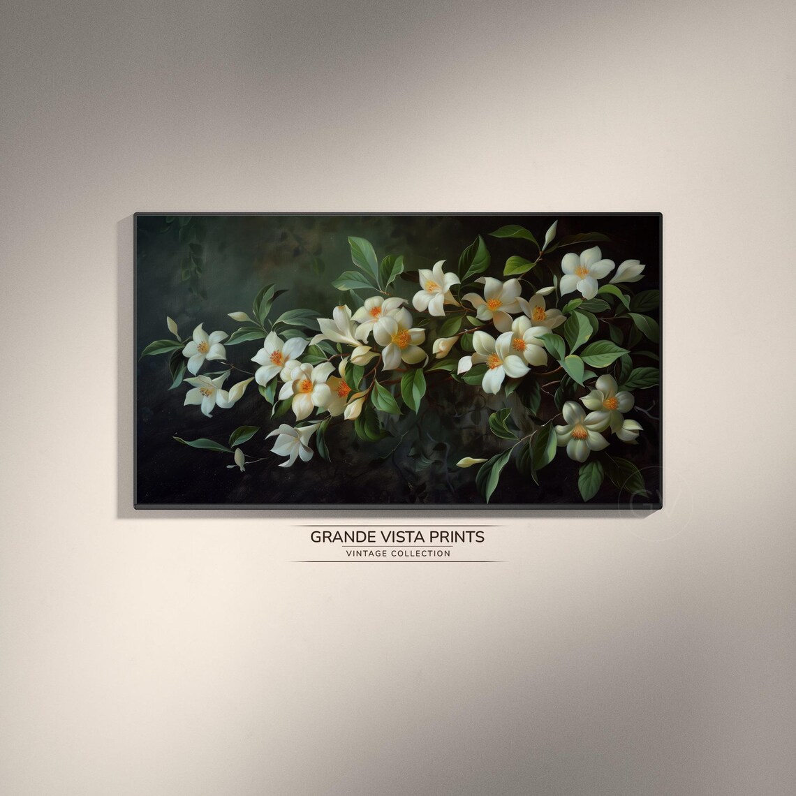 White Jasmine Flowers Dark Moody Vintage Botanical Painting Wall Art