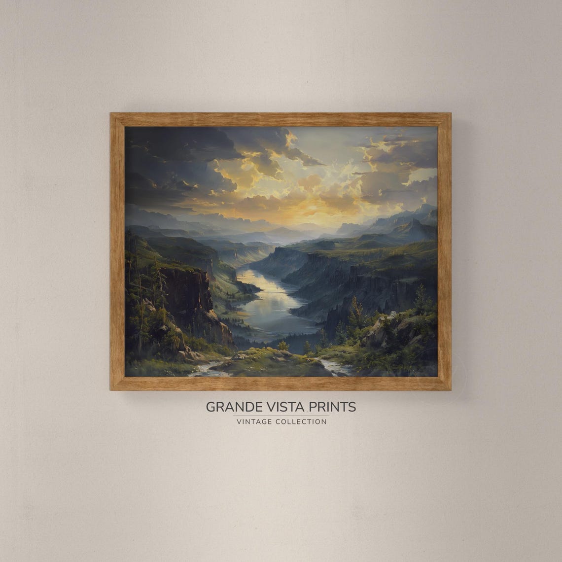 Dramatic Canyon River Gorge Sunrise Golden Clouds Vintage Poster - Image 4