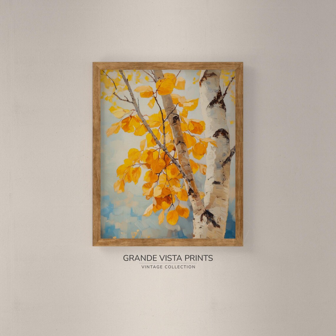 Yellow Aspen Leaves Birch Branch Blue Sky Vintage Painting Print - Image 4