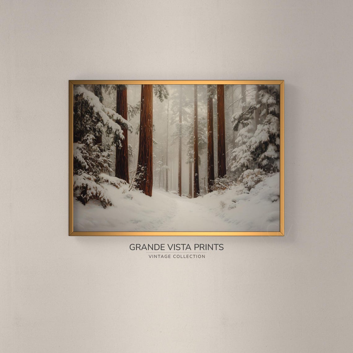 Snow Covered Redwood Forest Winter Trail Misty Snowfall Travel Poster