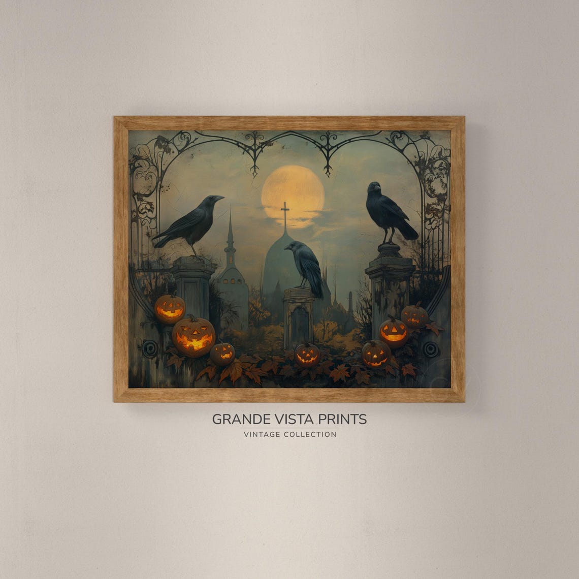 Three Crows Perched on Iron Arch With Pumpkins Gothic Halloween Poster - Image 4