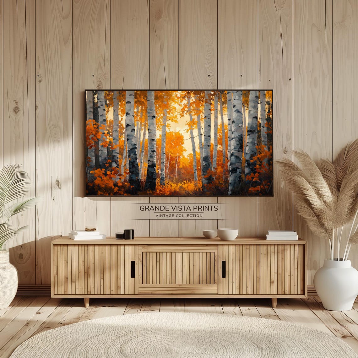 Fiery Orange Birch Forest White Trunks Sunburst Vintage Poster - Image 2