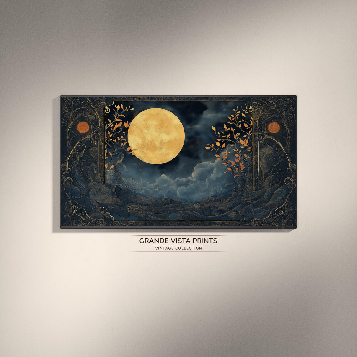 Golden Full Moon Ornate Night Sky Celestial Illustration Wall Poster