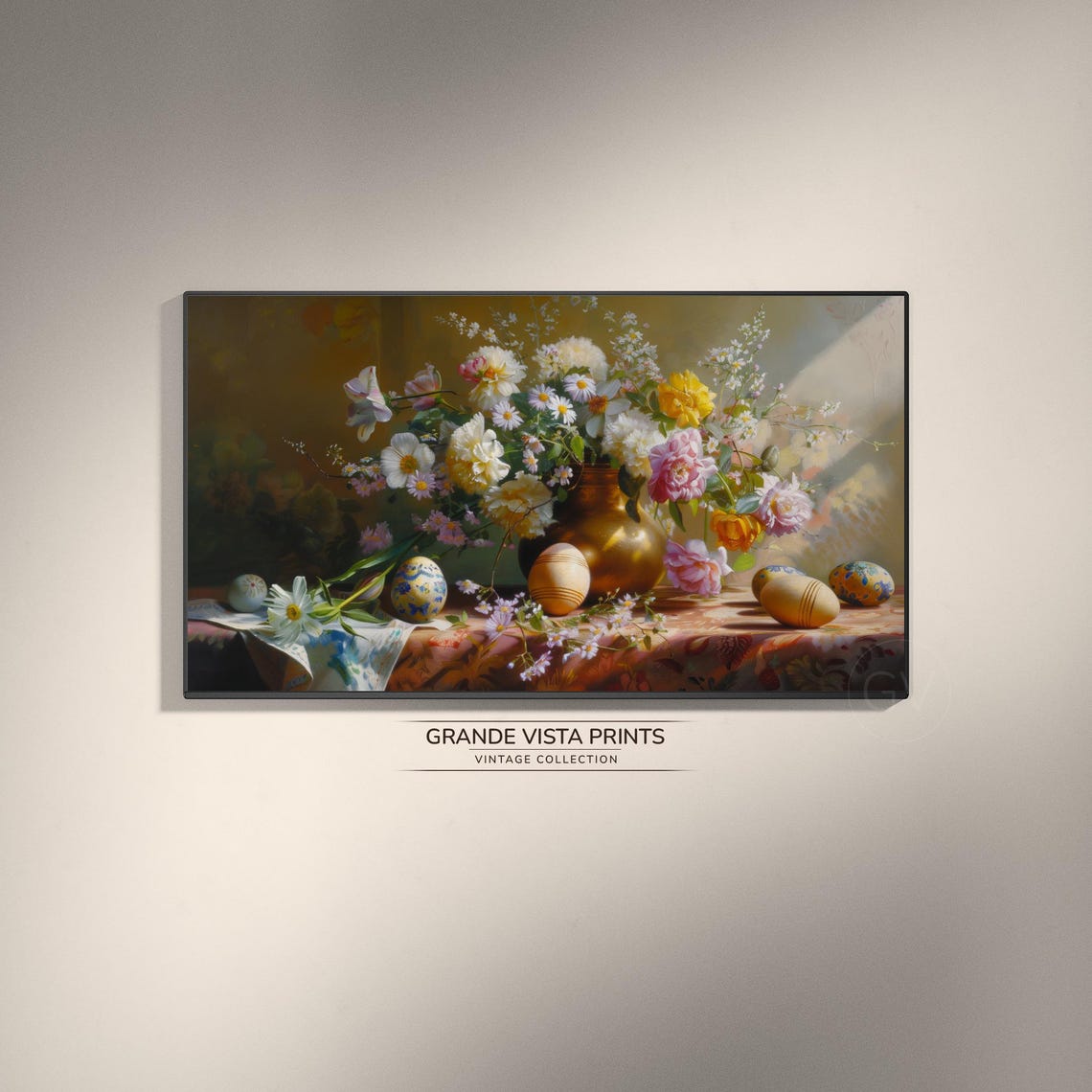 Easter Still Life Brass Vase Flowers Painted Eggs Table Poster