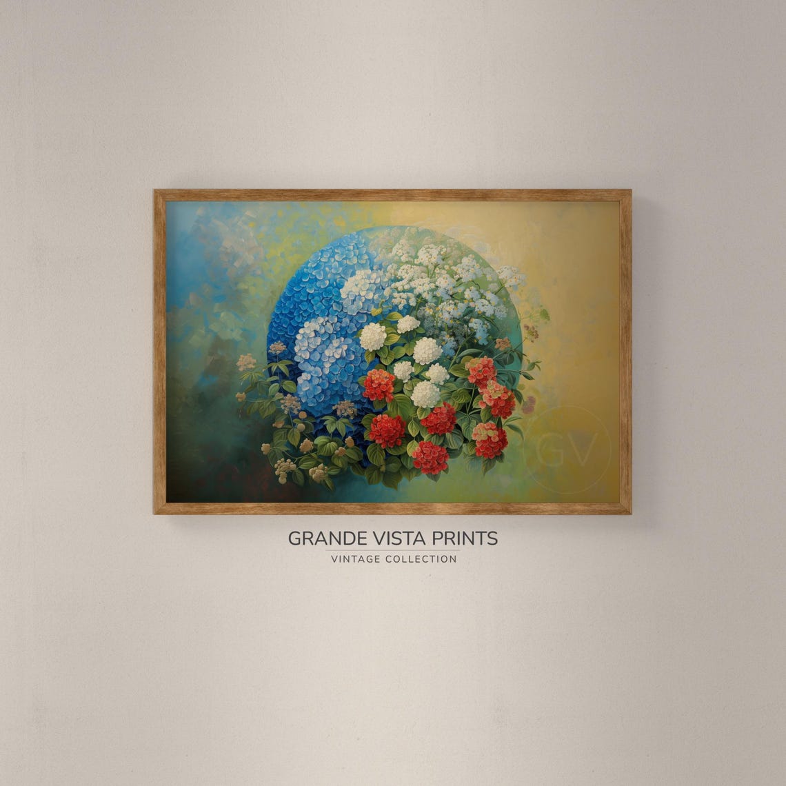 Blue Hydrangea Half Moon Red White Blooms Teal Medallion Floral Poster - Image 2