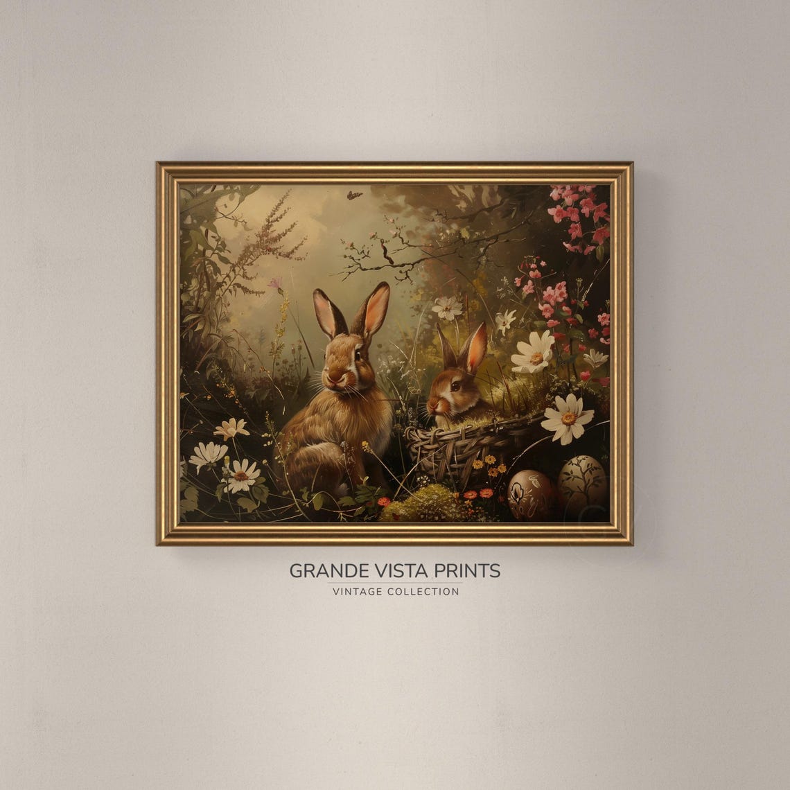 Two Brown Rabbits in Wildflower Garden Painted Eggs Easter Wall Print - Image 3