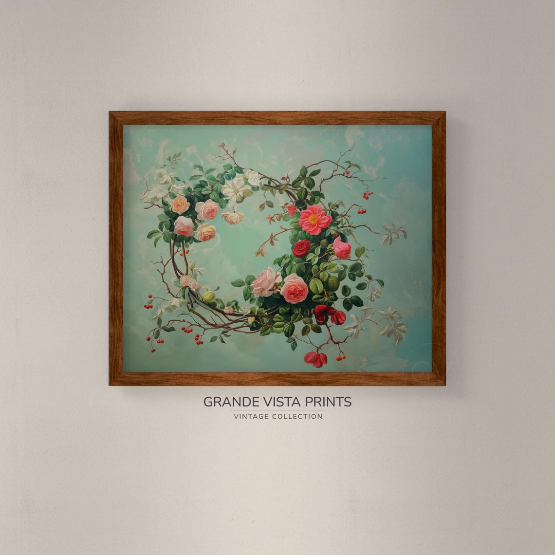 Pink Rose Wreath Garland Peachy Red Roses Mint Green Wall Art Print - Image 4