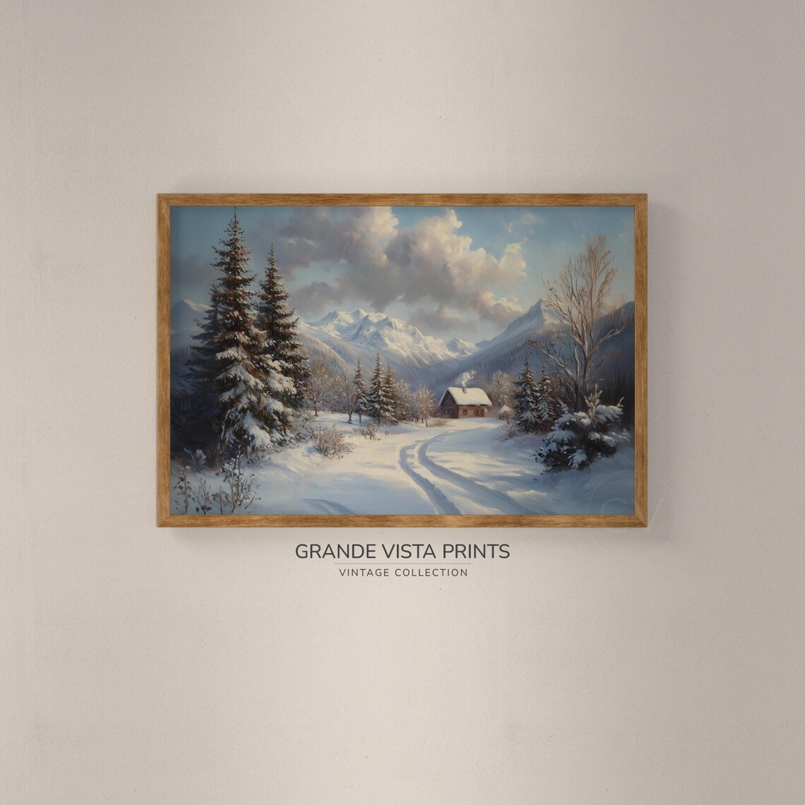 Cozy Winter Cabin Smoky Chimney Snowy Woods Mountain Landscape Poster - Image 2