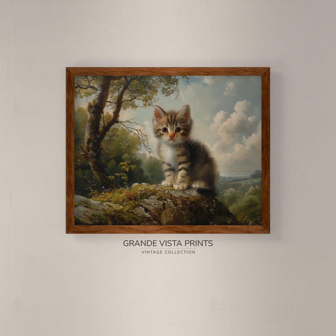 Tabby Kitten On Rock Vintage Cute Cat Painting Forest Animal Wall Art Poster - Image 4