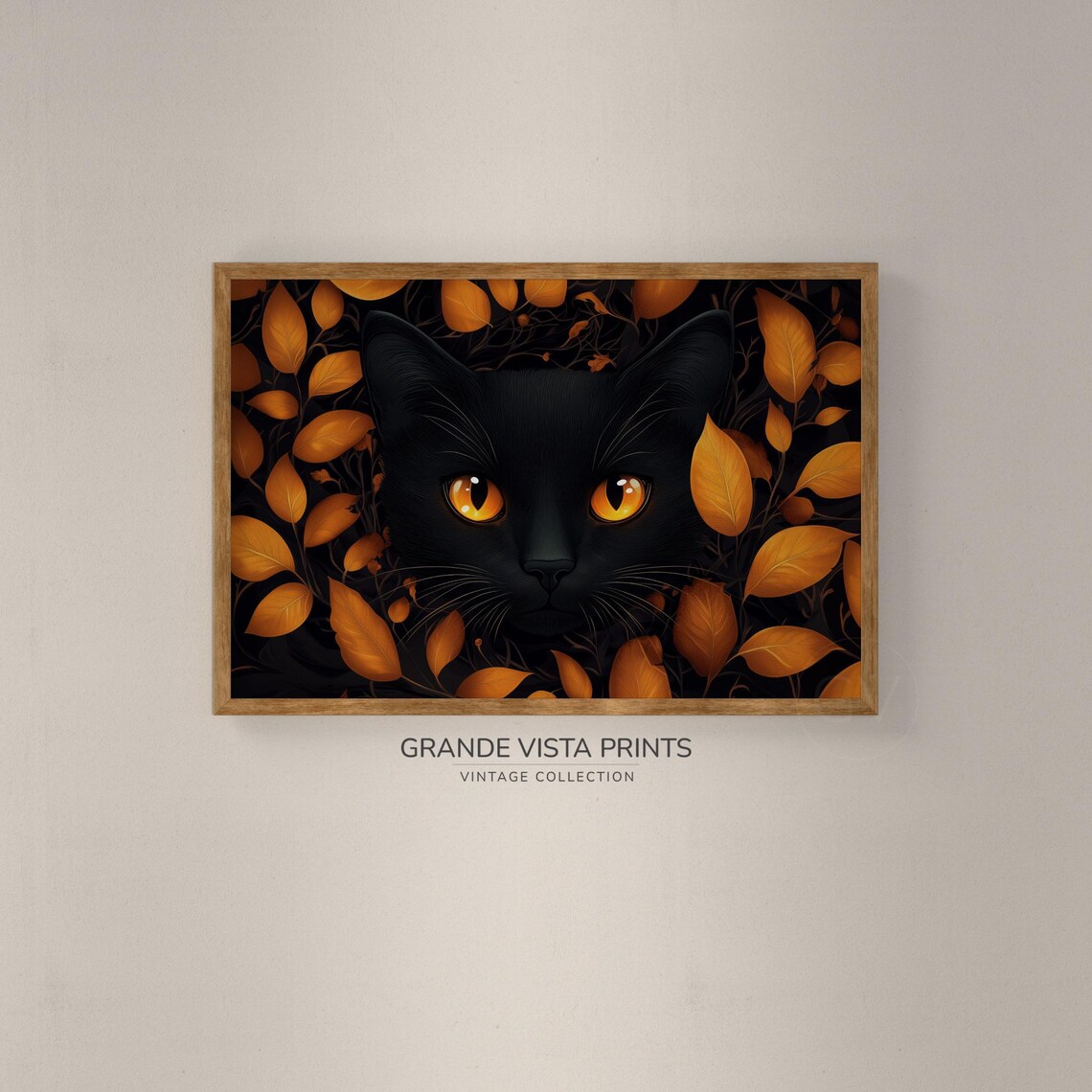 Black Cat With Golden Eyes Peeking Through Autumn Leaves Wall Poster - Image 2