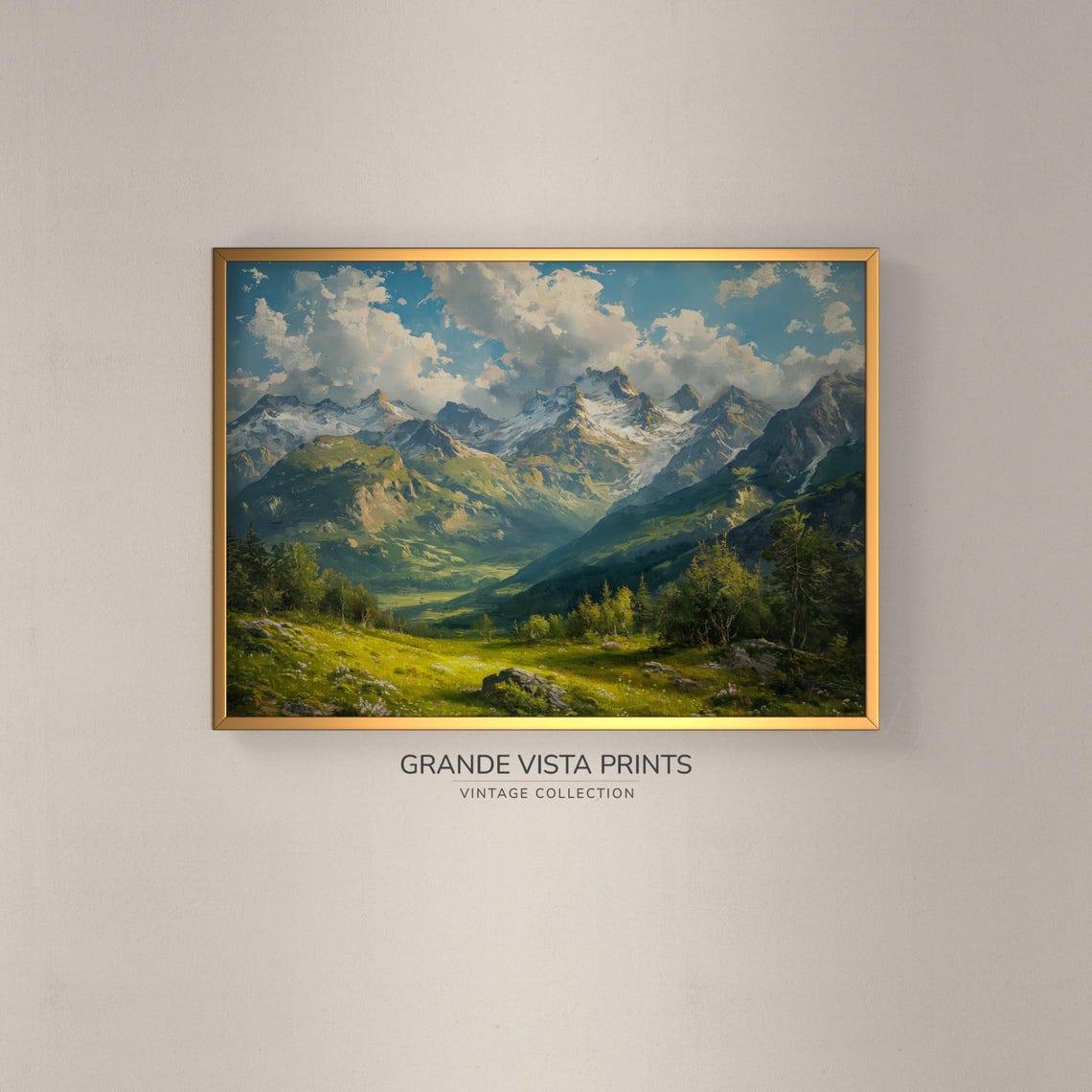 Snow Capped Spring Mountain Panorama Green Valley Vintage Poster