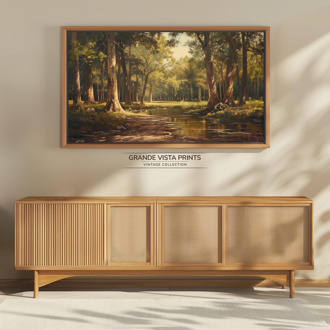 Sunlit Forest Stream Tall Trees Golden Woodland Landscape Poster - Image 4