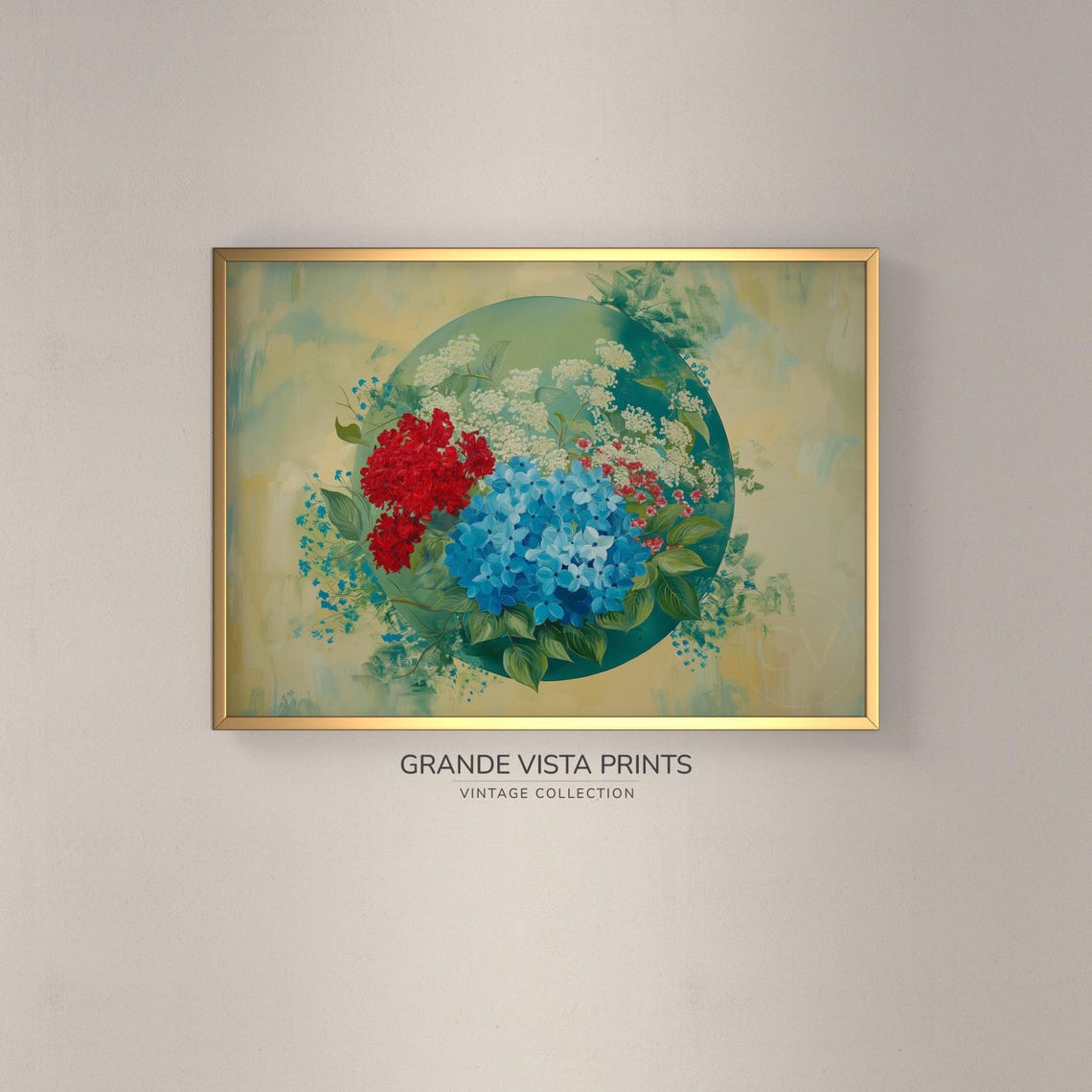 Red Blue White Hydrangea Circle Bouquet Painterly Vintage Floral Print