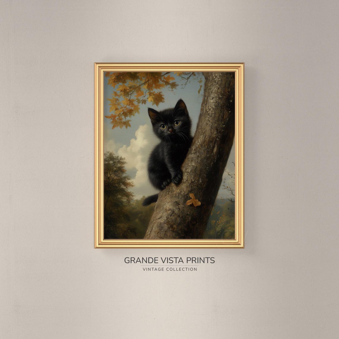 Black Kitten Climbing Tree Autumn Leaves Cute Vintage Cat Art Print - Image 3