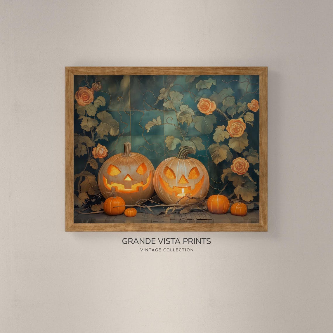Glowing Jack O Lantern Duo Vintage Teal Floral Halloween Night Poster - Image 4