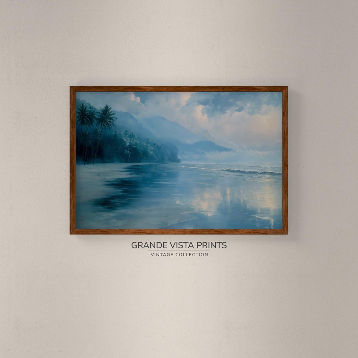 Blue Tropical Beach Palms Mountain Mirror Water Serene Travel Poster - Image 2