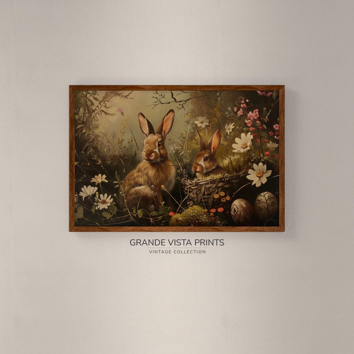 Two Brown Rabbits in Wildflower Garden Painted Eggs Easter Wall Print - Image 2