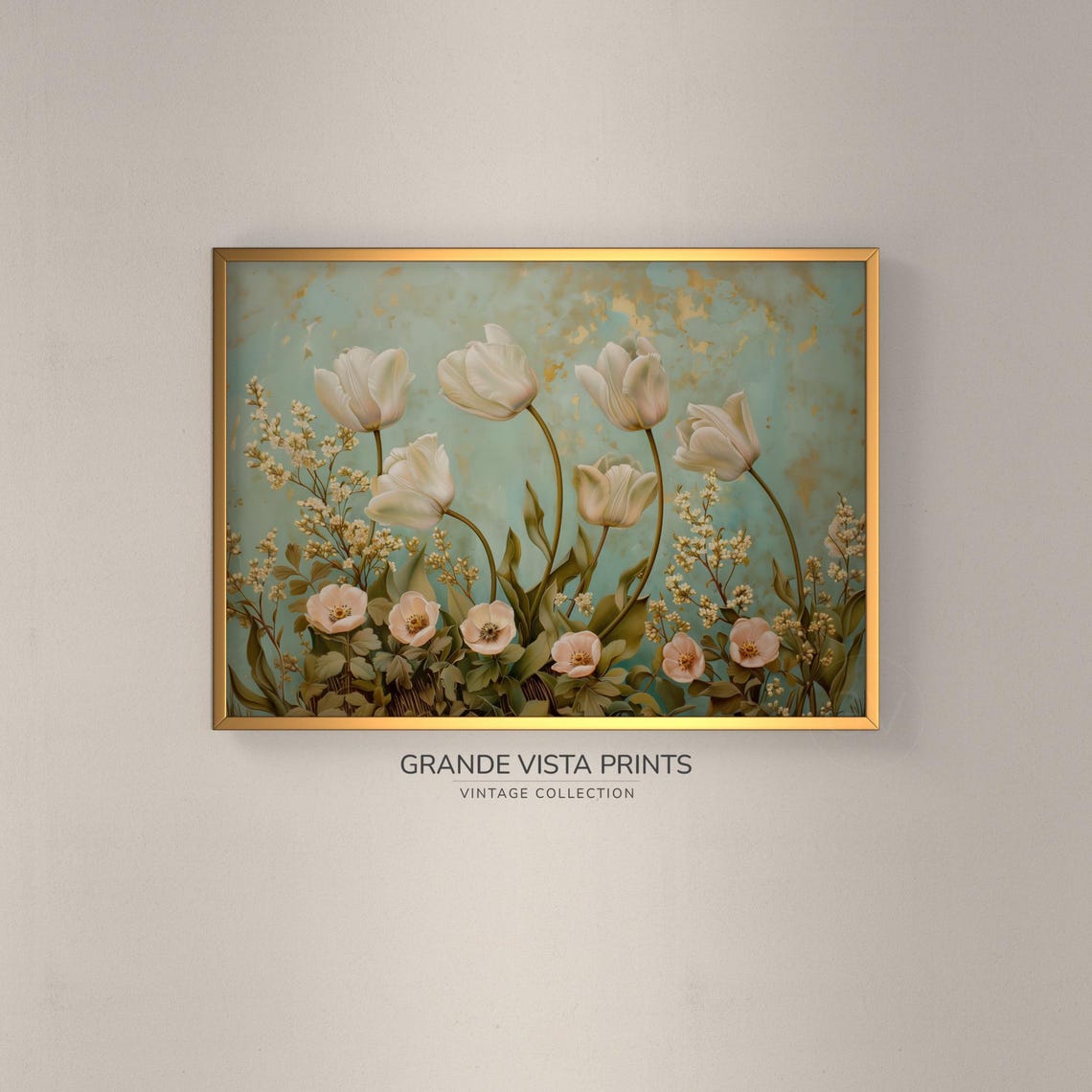 White Tulips Spring Flowers on Teal Gold Vintage Wall Print Poster