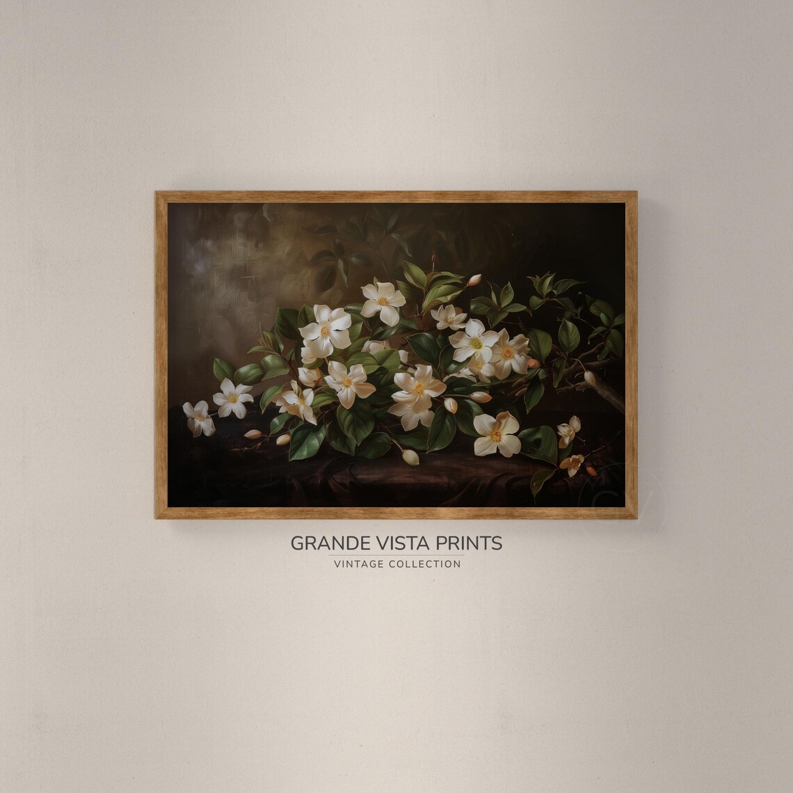 White Blossom Branch Dark Brown Background Floral Still Life Wall Art - Image 2