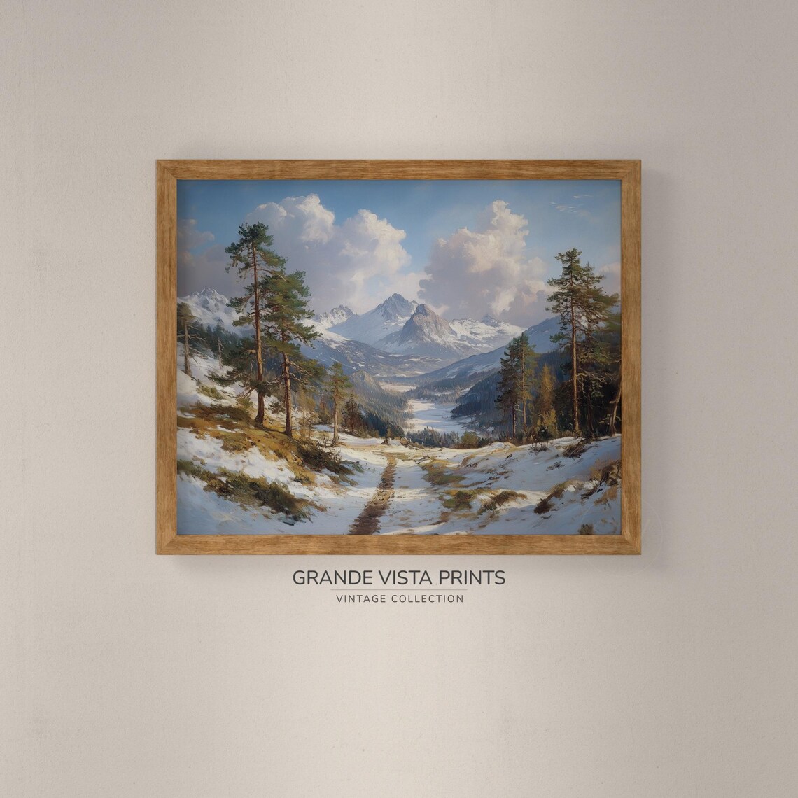 Winter Mountain Valley Snowy Pines Trail Vintage Landscape Poster - Image 4