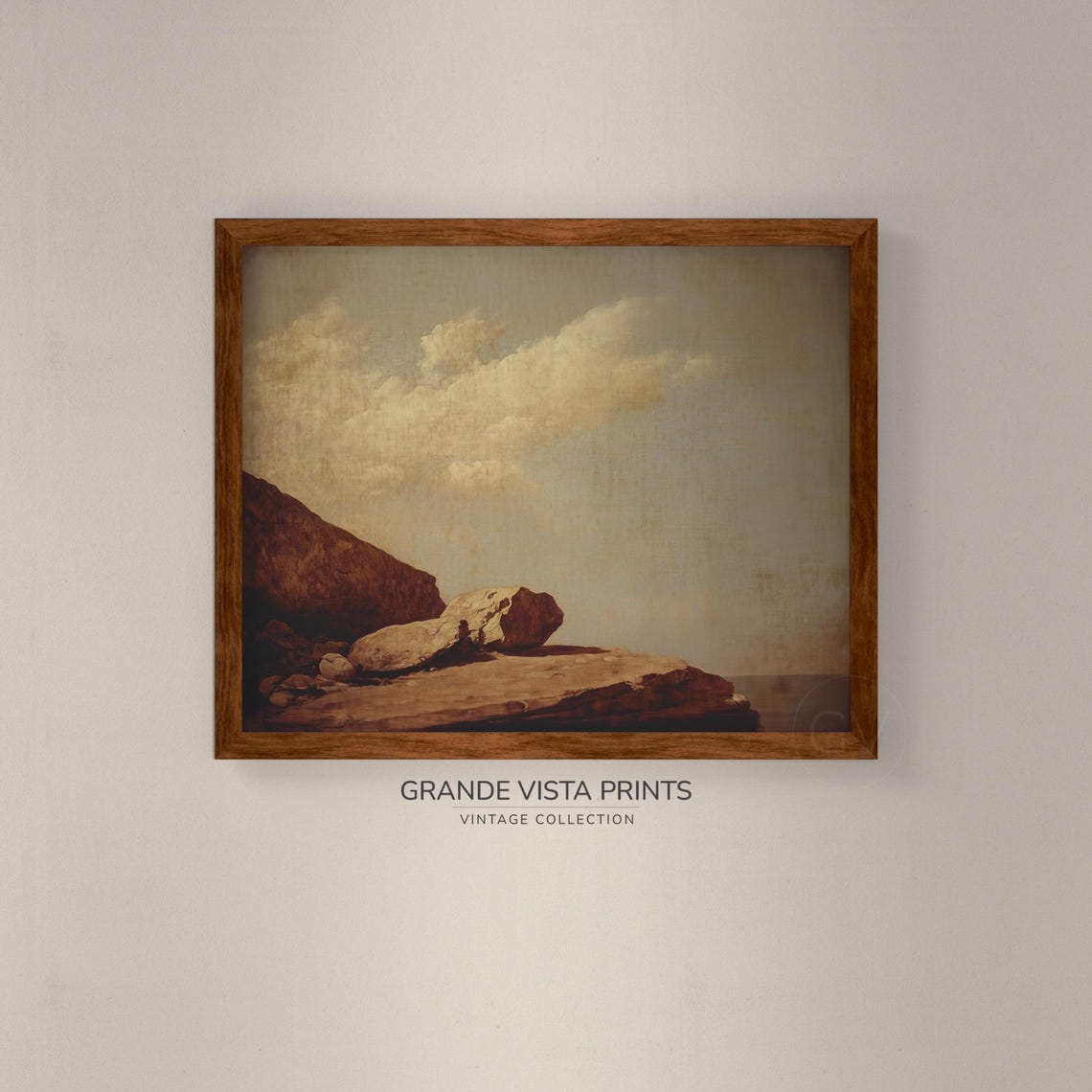 Vintage Sepia Coastal Cliff Rocks Cloudy Sky Seaside Landscape Print - Image 4