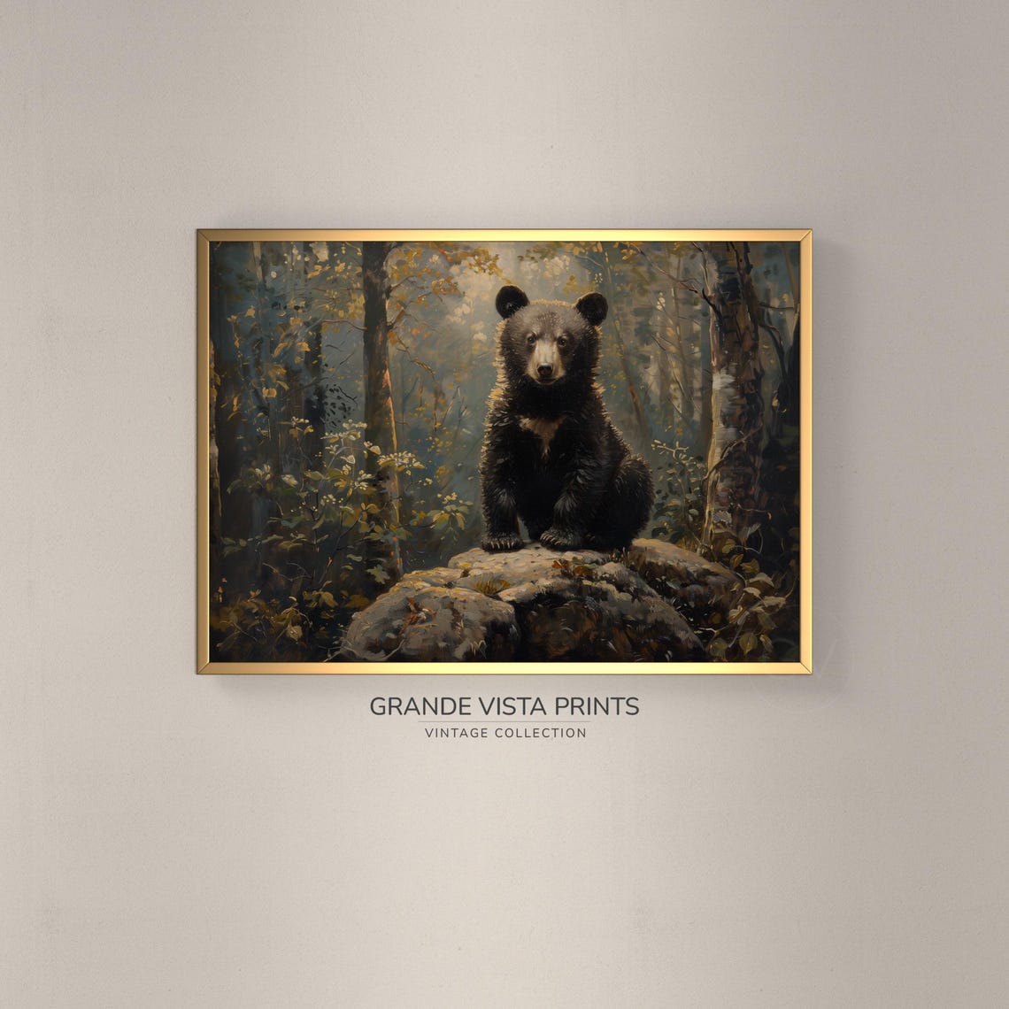 Black Bear Cub Rocky Forest Vintage Wildlife Portrait Wall Poster