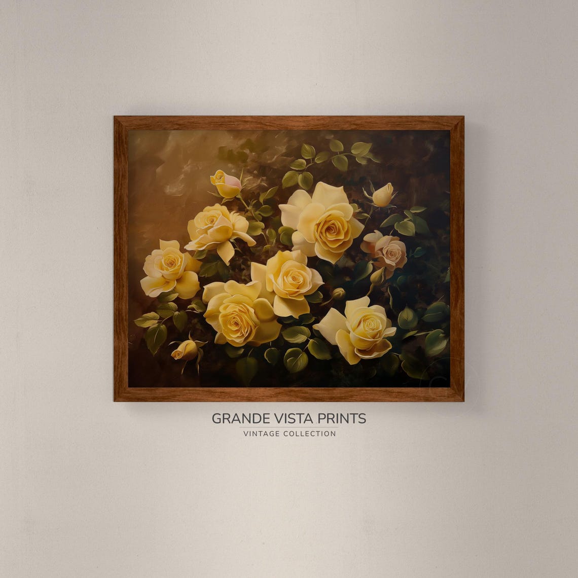Cream Yellow Roses Vintage Still Life Dark Brown Floral Wall Poster - Image 4