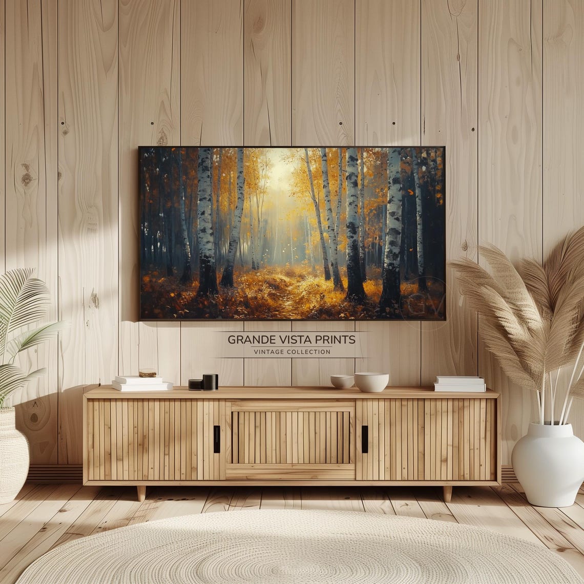 Golden Birch Forest Sunlight Through Canopy Path Vintage Poster - Image 2