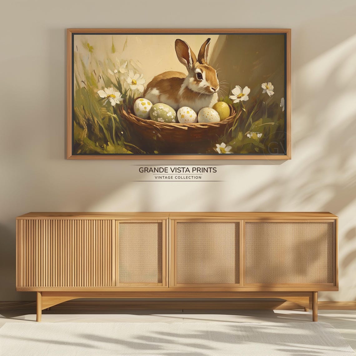 Brown Bunny in Basket with Painted Eggs Daisies Spring Wall Art - Image 4