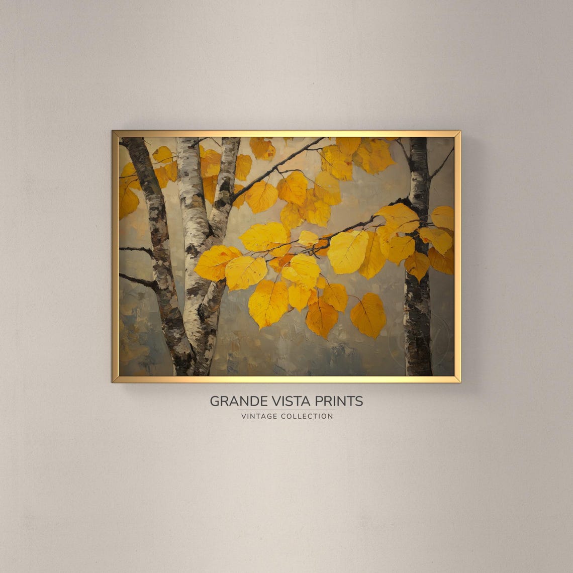 Birch Trunks Yellow Leaf Canopy Close Up Autumn Forest Painting Poster