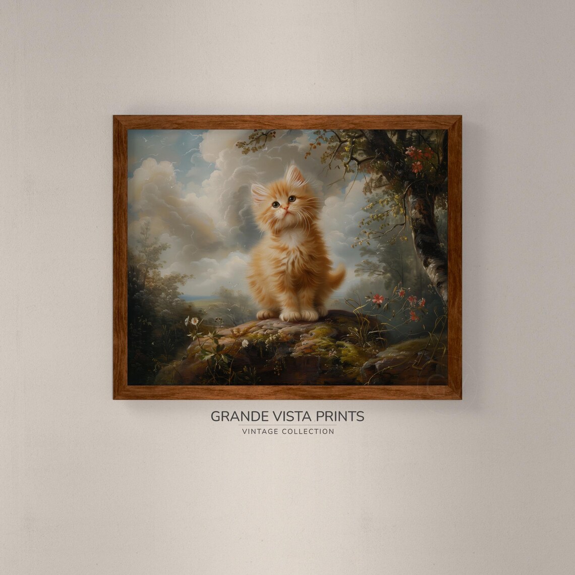 Fluffy Ginger Kitten On Rock Vintage Cute Cat Painting Animal Wall Art Poster - Image 4