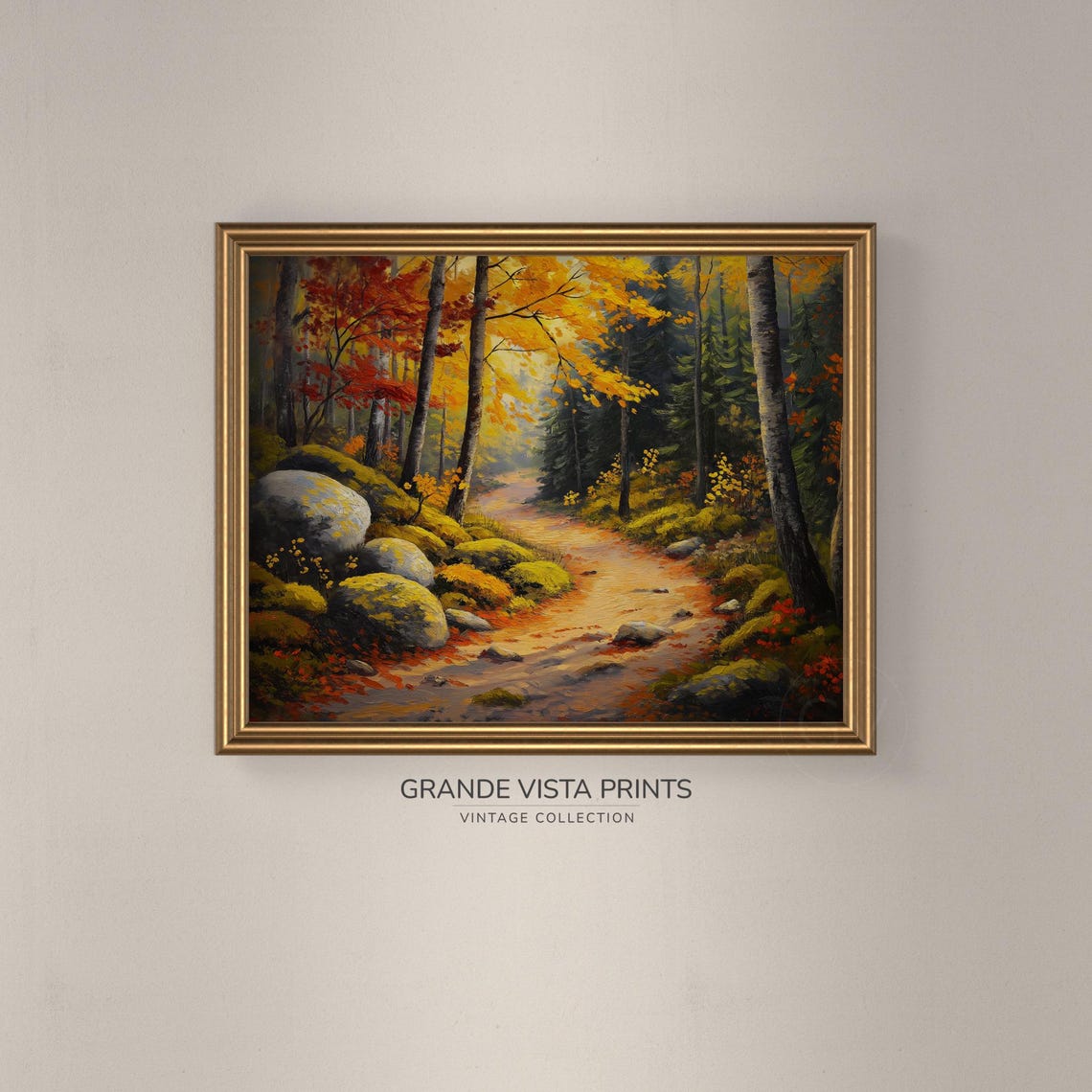 Golden Autumn Woodland Path Mossy Boulders Birch Trees Fall Art Poster - Image 3