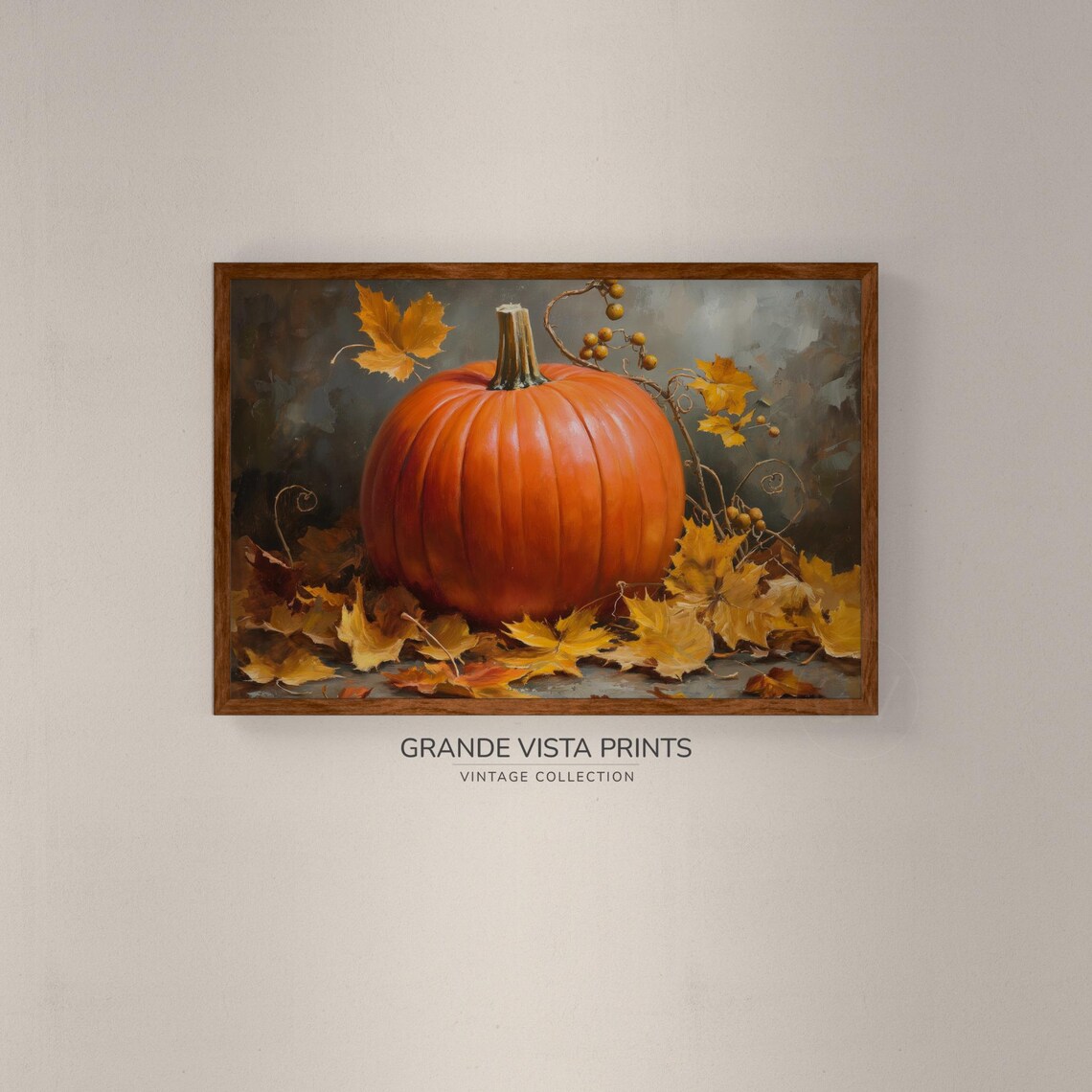 Orange Pumpkin Autumn Leaves Gray Harvest Still Life Painting Poster - Image 2